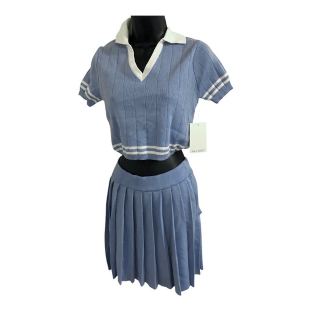 Blue white collared crop polo sweater knit‎ top & pleated skirt set size XL new